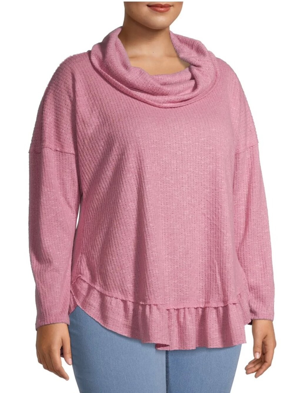 Terra & Sky Plus Size 3X Top  Pink Cowl Neck Sweater Ruffle Hem Knit Pullover